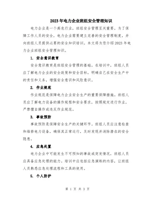 2023年电力企业班组安全管理知识