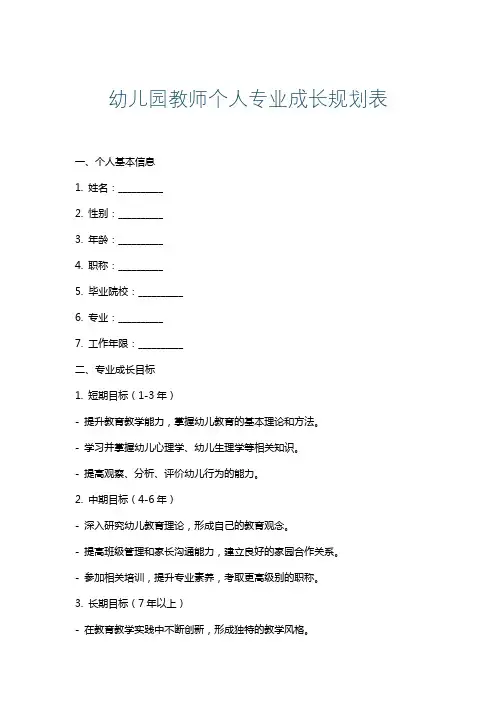 幼儿园教师个人专业成长规划表