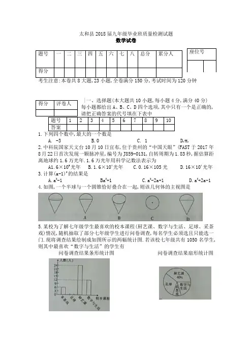 阜阳市太和县2018届初中毕业班质量检测数学试题含答案