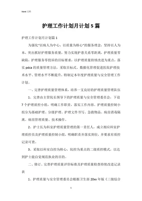 护理工作计划月计划5篇
