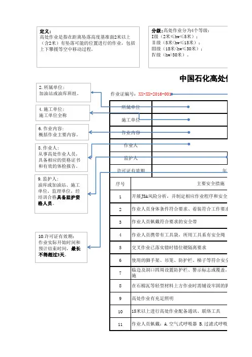 中国石化高处作业许可证
