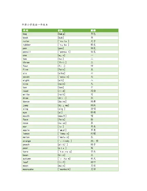 牛津小学英语单词表(上海教育出版社)
