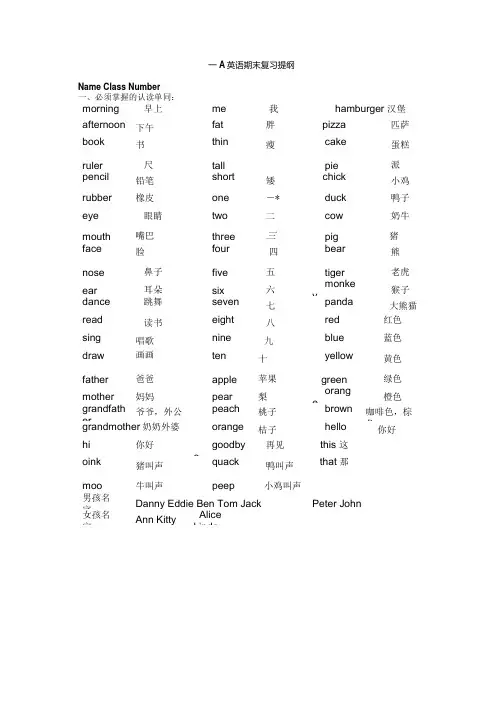 小学一年级上学期英语期末复习提纲.docx