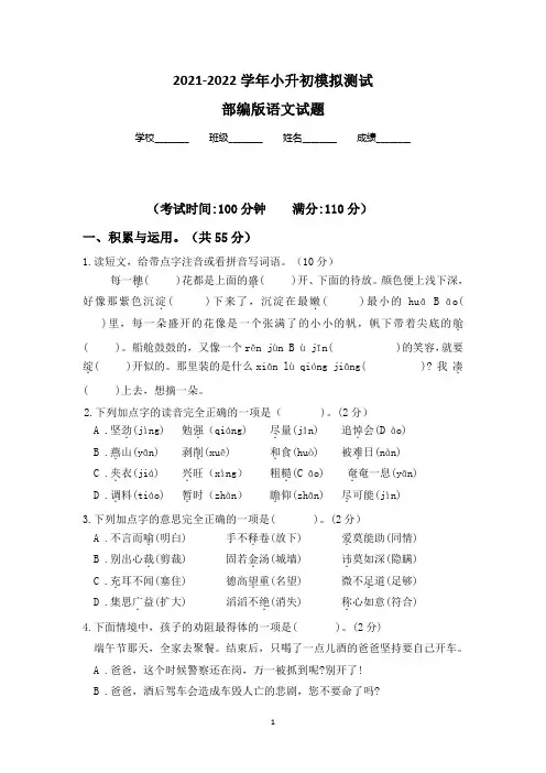 部编版小升初《语文试题》有答案解析