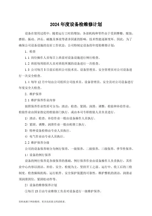 2024年度设备检维修计划