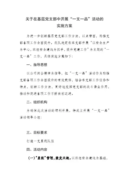 关于在基层党支部中开展“一支一品”活动的实施方案