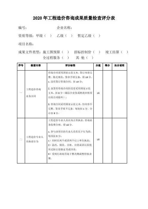 2020年工程造价咨询成果质量检查评分表