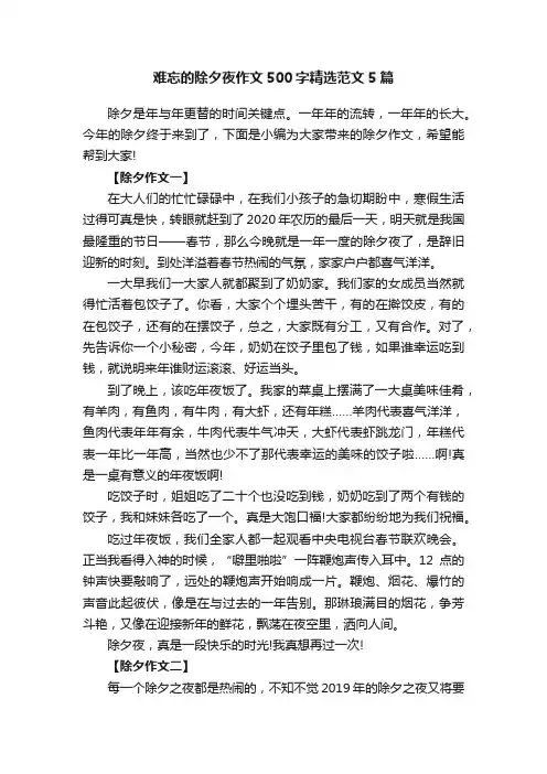 难忘的除夕夜作文500字精选范文5篇