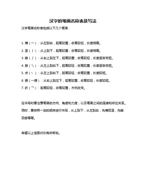 汉字的笔画名称表及写法