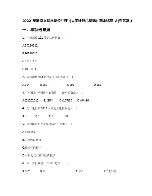 2022年湖南文理学院公共课《大学计算机基础》期末试卷A(有答案)