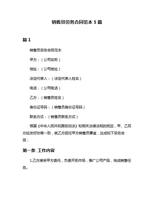 销售员劳务合同范本5篇