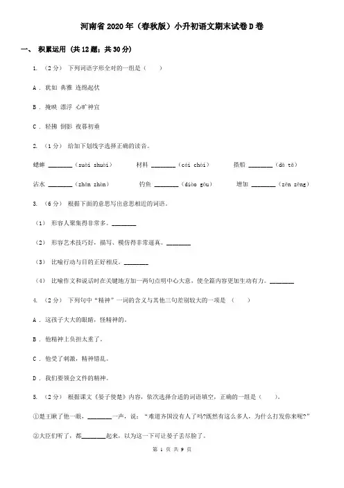 河南省2020年(春秋版)小升初语文期末试卷D卷(精编)
