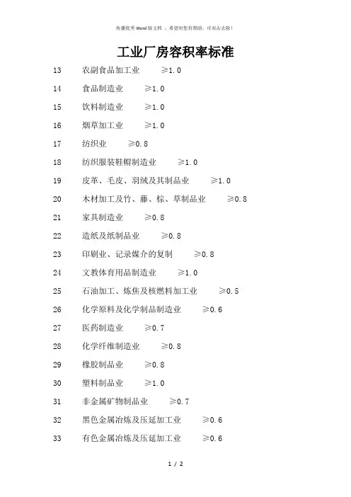 工业厂房容积率标准