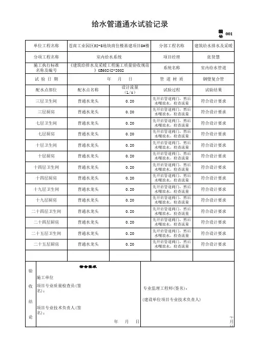 给水管道通水试验记录