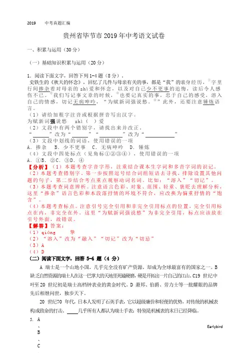 2019中考真题-2019年贵州省毕节市中考语文试题(word版,含解析)