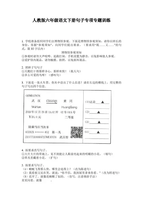 人教版六年级语文下册句子专项专题训练