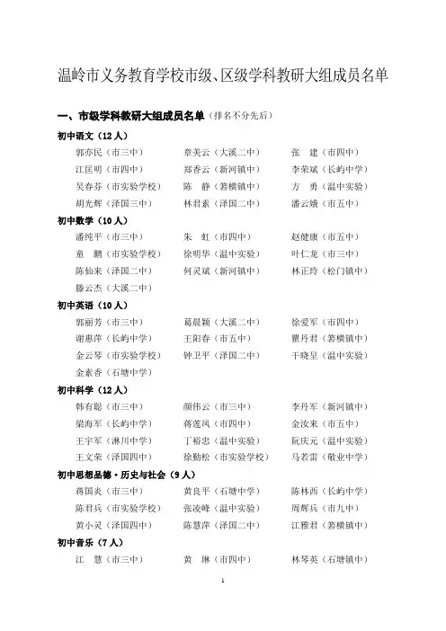 温岭市义务教育学校市级,区级学科教研大组成员名单