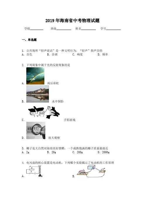 2019年海南省中考物理试题