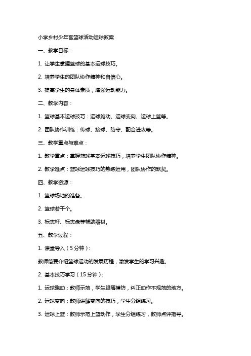 小学乡村少年宫篮球活动运球教案