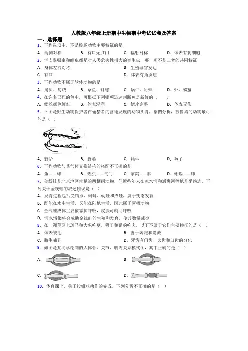 人教版八年级上册期中生物期中考试试卷及答案