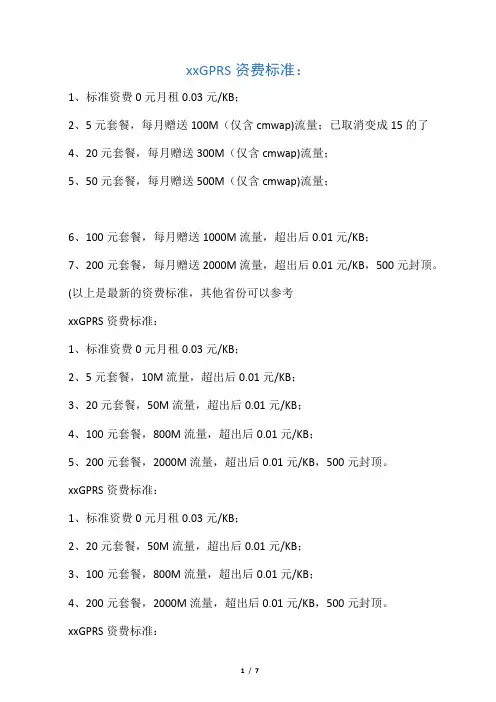 全国各地GPRS资费标准