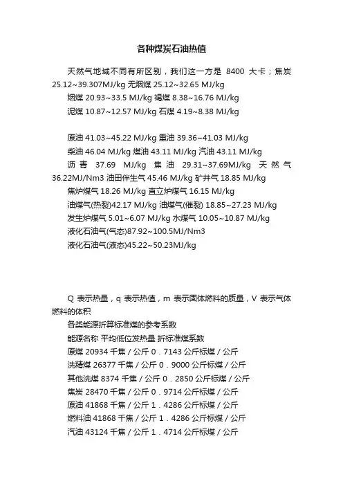 各种煤炭石油热值