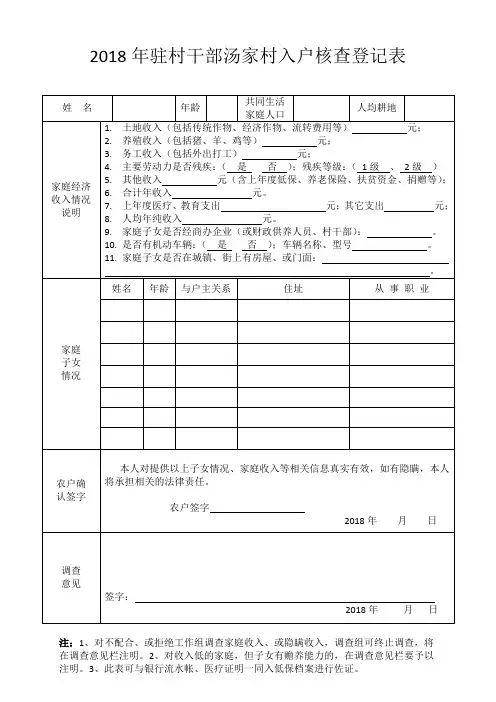 驻村干部入户核查登记表