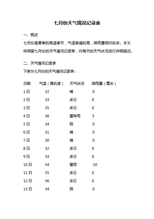 七月份天气情况记录表