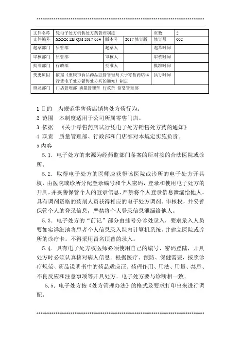 054凭电子处方销售处方药的管理制度
