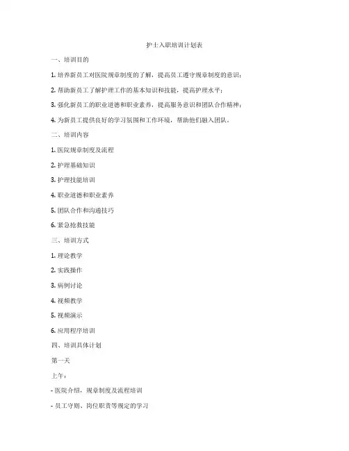 护士入职培训计划表