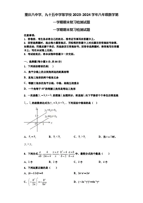重庆八中学、九十五中学等学校2023-2024学年八年级数学第一学期期末复习检测试题【含解析】