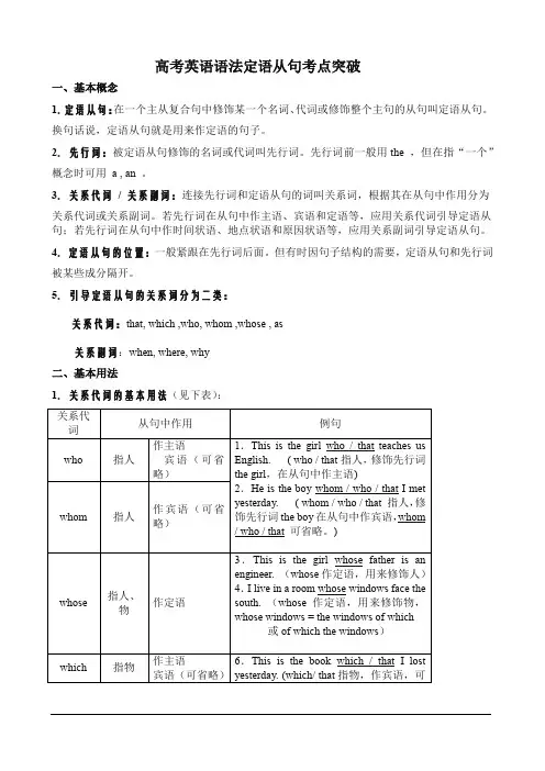 高考英语语法定语从句考点突破
