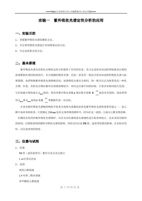 实验一-紫外吸收光谱定性分析的应用