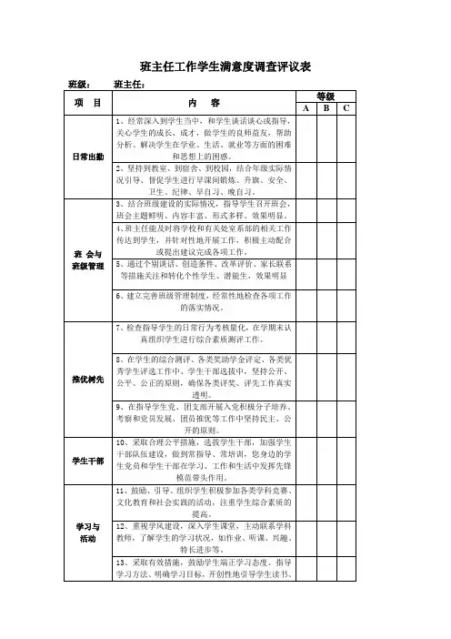 班主任工作学生满意度调查评议表.