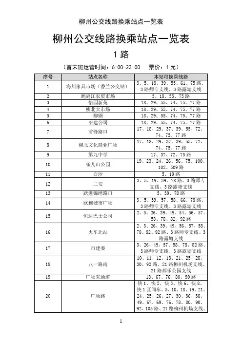 柳州公交线路换乘站点一览表