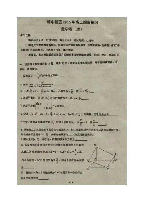 上海市浦东新区2016届高三5月综合练习(三模)数学(理)试题(图片版)