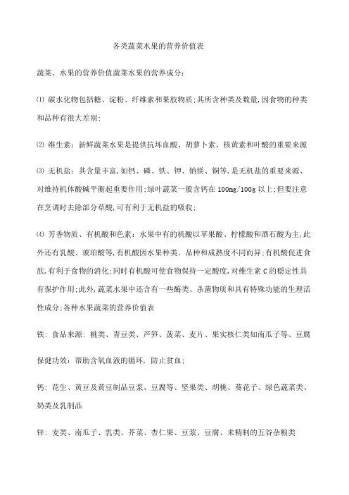 各类蔬菜水果的营养价值表