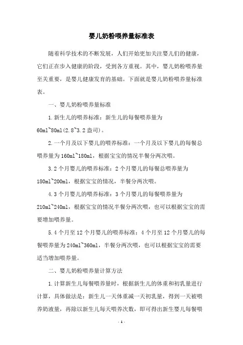 婴儿奶粉喂养量标准表