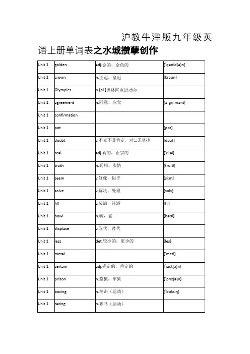 沪教牛津版九年级英语上册单词表