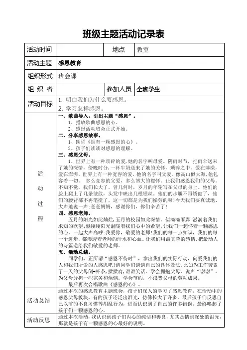 小学“感恩教育”班级主题活动记录表