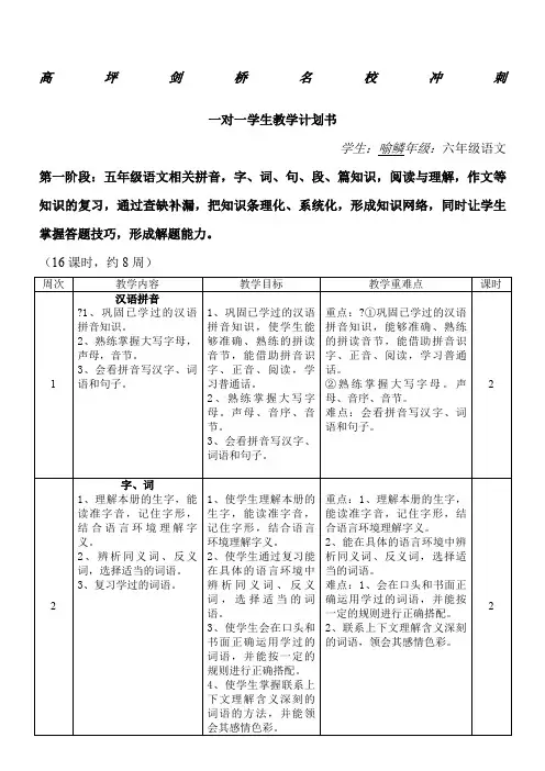 一对一学生教学计划书