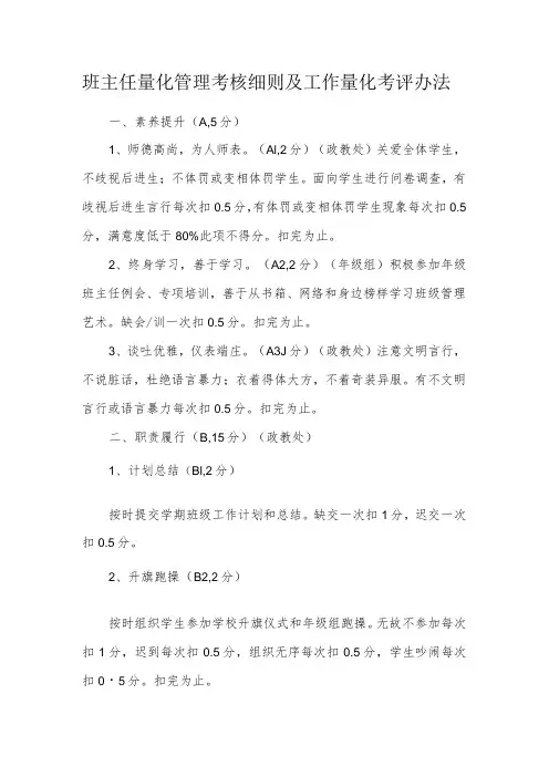 班主任量化管理考核细则及工作量化考评办法