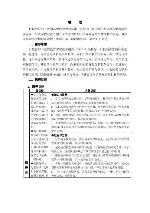 普通高中物理课程标准《浙江省普通高中新课程物理实验第一阶段课程设置方案》