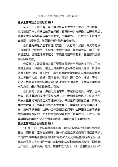 整治工作专题会会议纪要（通用13篇）