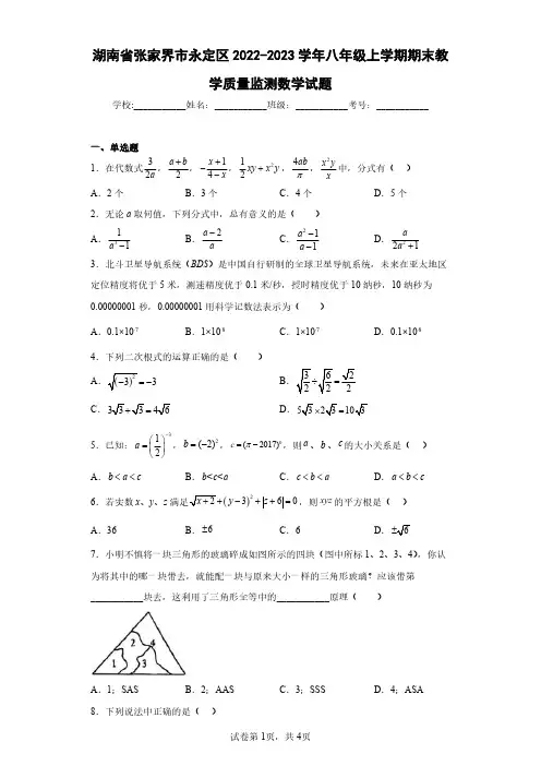 湖南省张家界市永定区2022-2023学年八年级上学期期末教学质量监测数学试题(含答案解析)