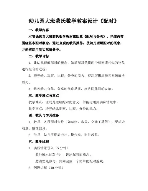 幼儿园大班蒙氏数学教案设计《配对》