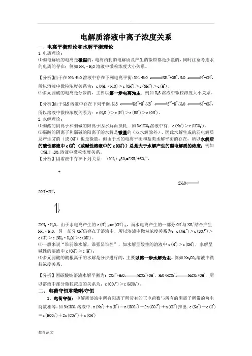 电解质溶液中离子浓度关系