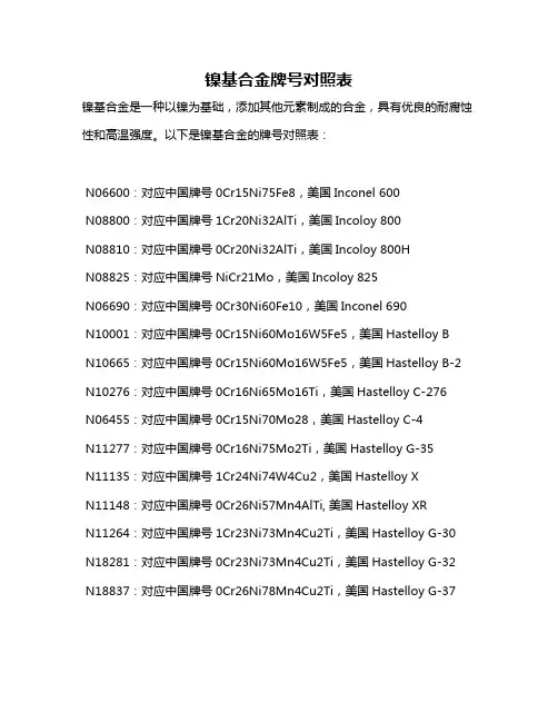 镍基合金牌号对照表