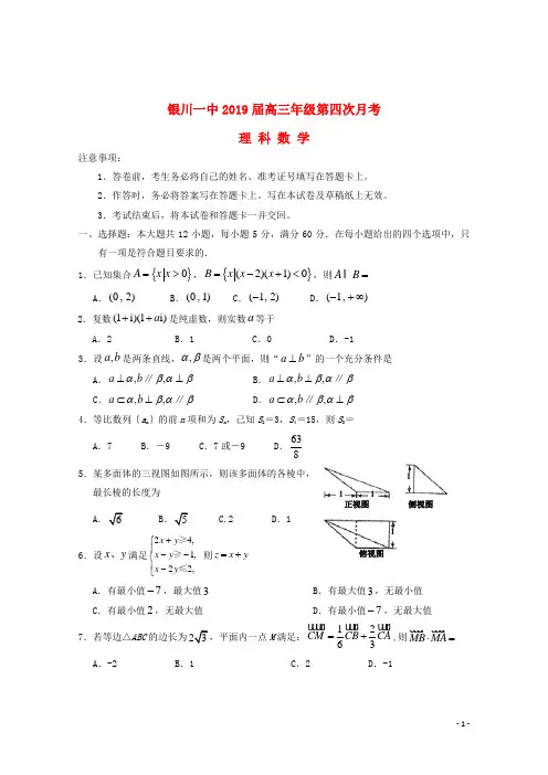 宁夏银川一中2019届高三数学第四次月考试题理2018122102106