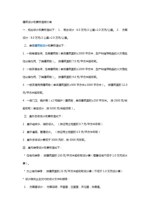 建筑设计收费标准报价单 一
